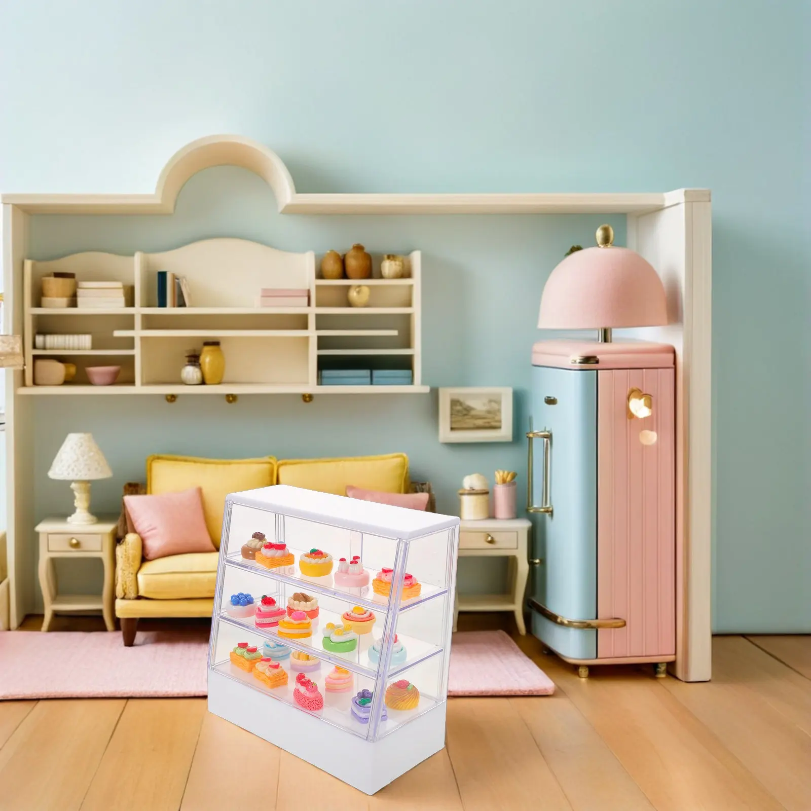 

Миниатюрный витринный шкаф для кондитерской, компактная реалистичная имитация подставки для тортов и десертов для декора сцены кондитерской в кукольном домике