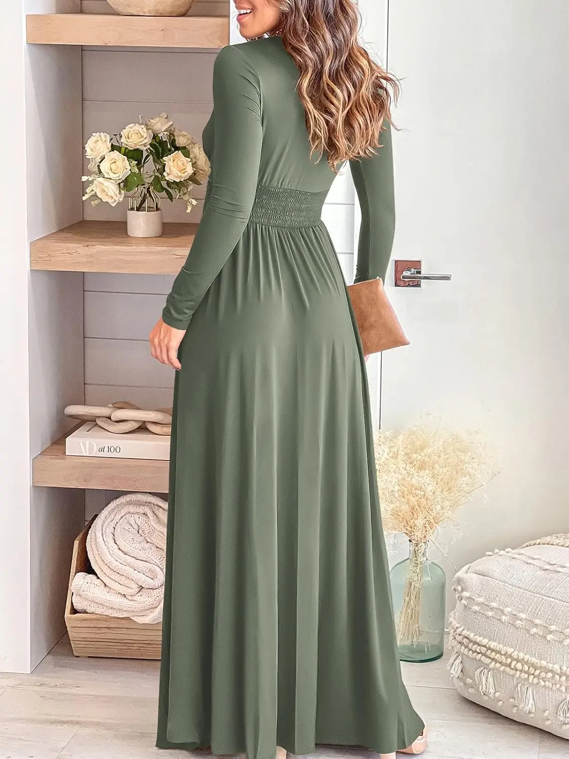 Vestido largo maxi para mujer, cuello en V profundo, manga larga, abertura, otoño 2025, elegante, formal, invitados de boda, cóctel, noche, fecha, graduación