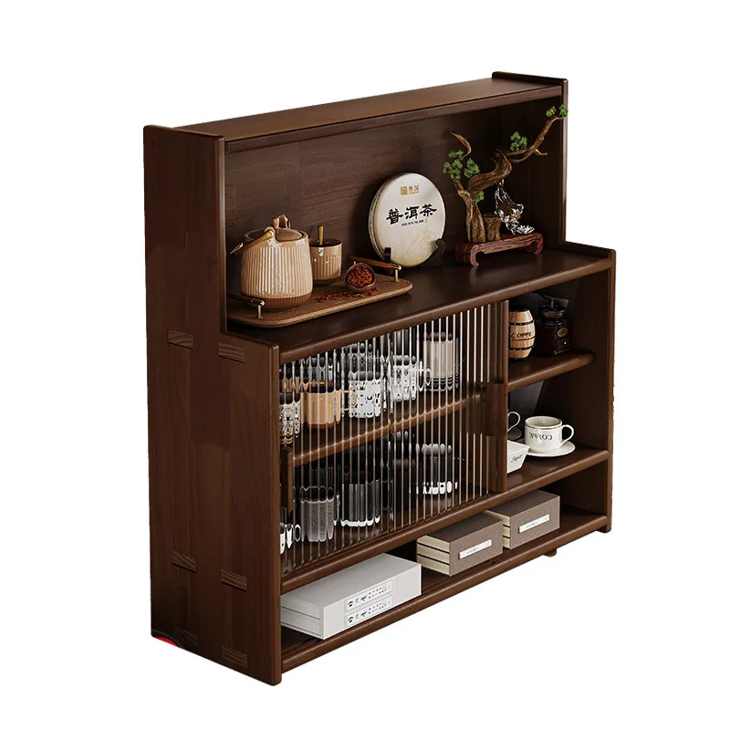 Solid wood bay window storage cabinet Japanese-style locker Middle antique shelf Desktop dustproof tea cup Tea set