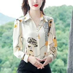 2024 Lente En Herfst Forens Mode Elegante Lange Mouwen Blouses Losse Revers Print Plant & Bloemen Knoop Vrouwen Shirt Top