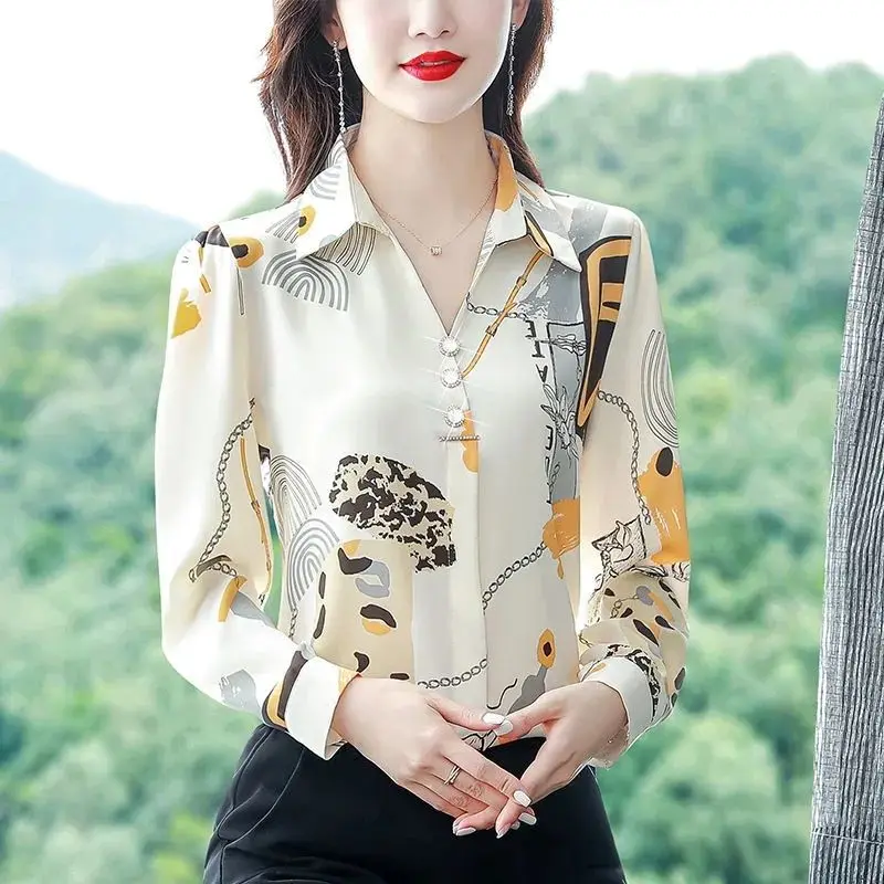 2024 Spring and Autumn Commuter Fashion Elegant Long Sleeved Blouses Loose Lapel Print Plant&Flowers Button Women's Shirt Top