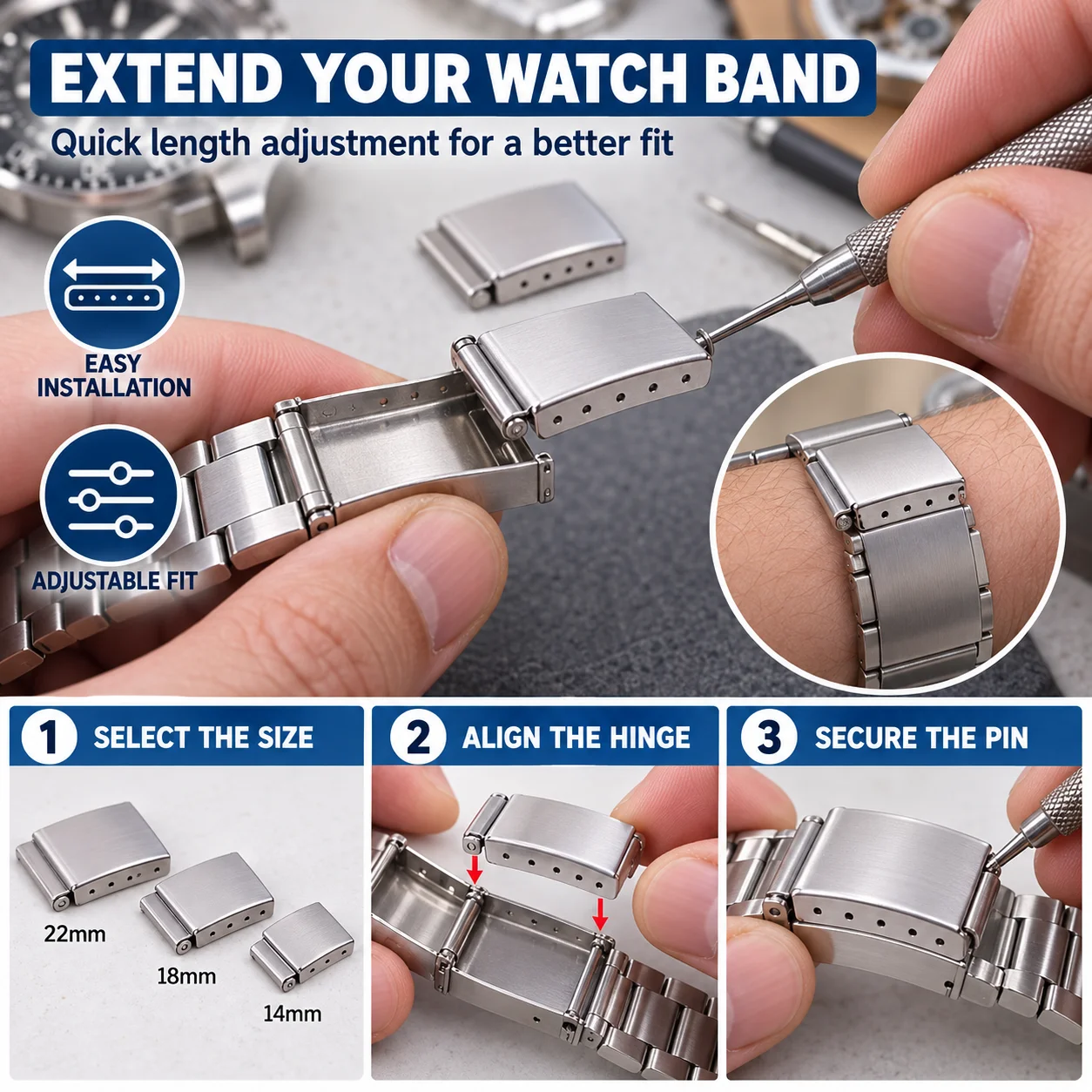 ●1Pc Silvery/Golden 12-22MM Steel Watch Band Bracelet Extender Clasp Extension With Step Strap Accessory For Watch Repair