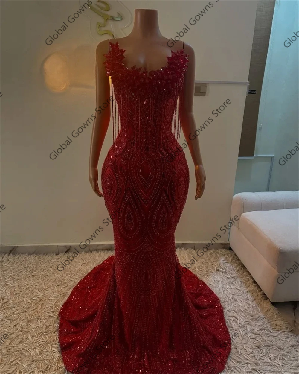 Red Prom Dresses For Girls 2026 Sparkly Sequins Mermaid Crystals Tassel Party Dress Luxury Sleeveless Evening Gowns Customized