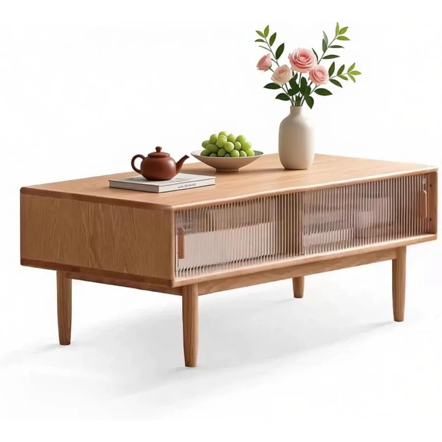 Living room oak lift top coffee table with drawer, natural wood finish, space-saving design and smooth hydraulic mechanism