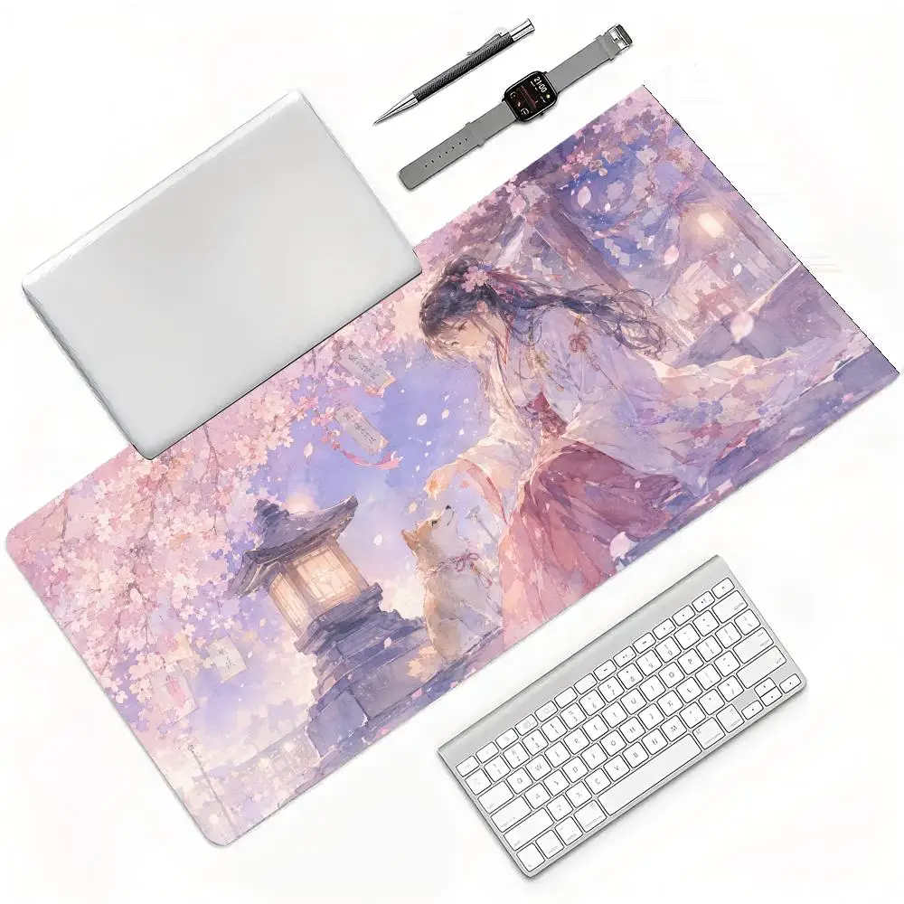 Pretty Anime Miko Shiba Inu Sunset Shrine Torii Gate Extended Mouse Pad, Anti Slip Rubber Base for Laptop PC Desk