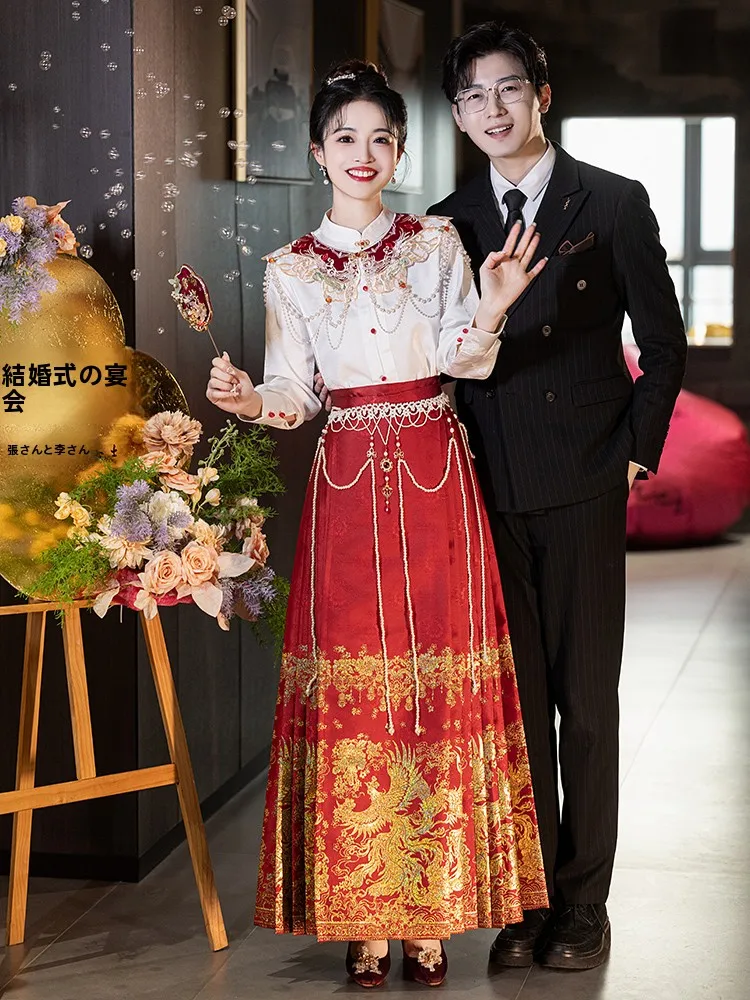 赤いウェディングドレス漢服スーツ新しい中国風の国民的トレンド馬面スカート結婚式のドレス花嫁のための