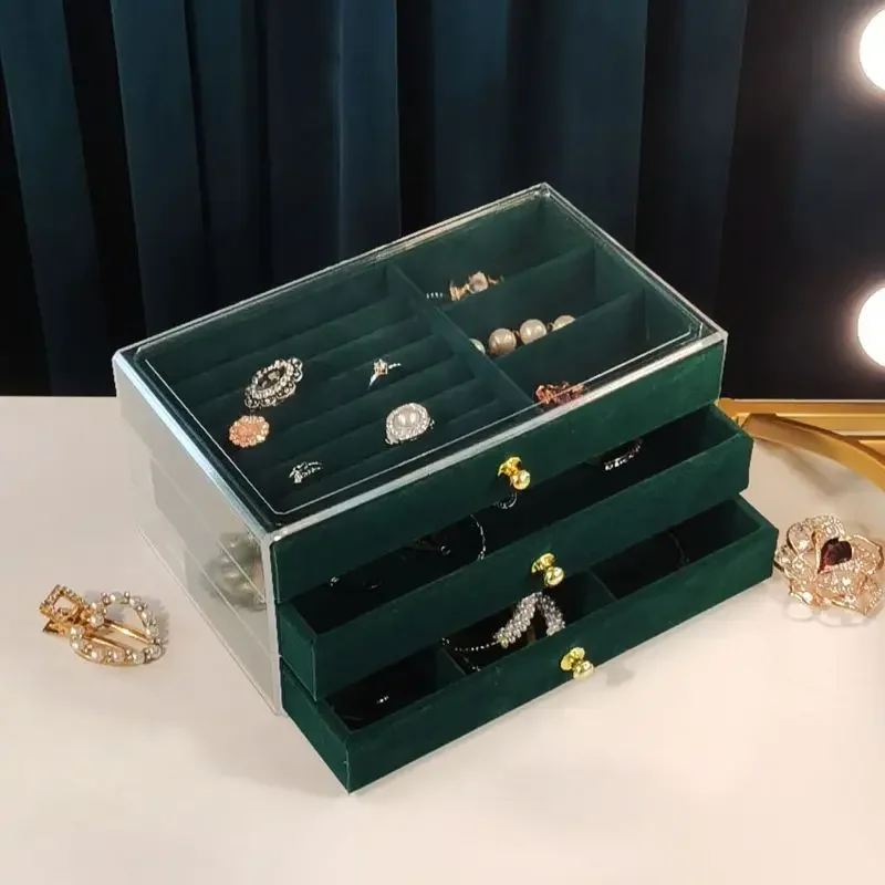 1pc Three-layer Velvet Jewelry Box Transparent Drawer Type Earring Bracelet Organizer Display Box Jewelry Diy Storage Box