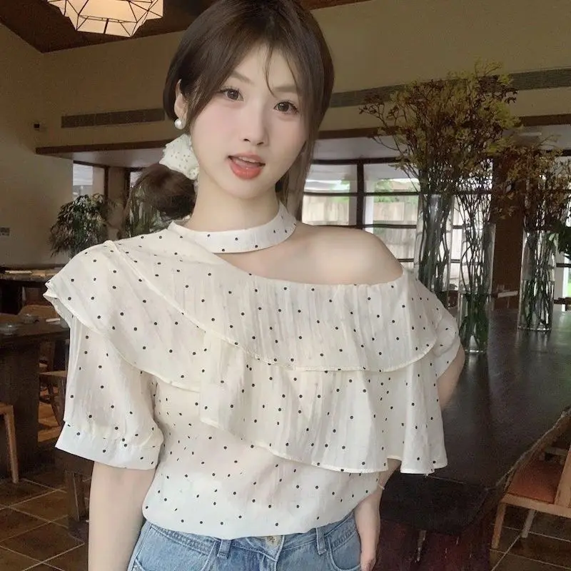 White Polka Dot One Shoulder Halter Neck Blouse Women Ruffle Layer Short Sleeve Asymmetric Off Shoulder Cropped Shirt