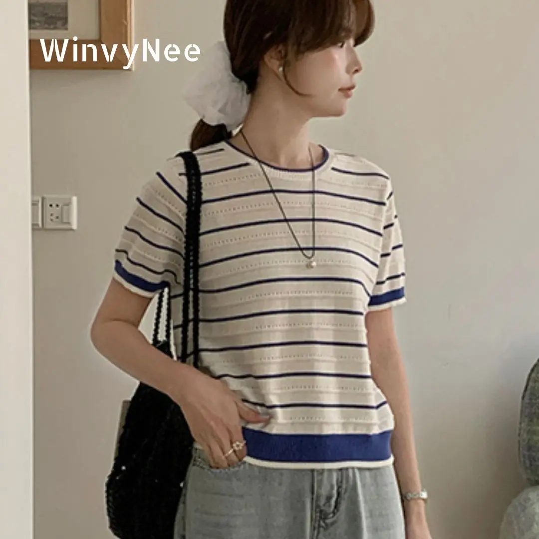 

WinvyNee Summer Women's 100% Cotton Sweaters O Neck Beige Short Sleeve T Shirts Striped Casual Outerwears Pullover Tops A1522065