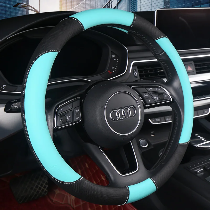 Punched Leather Car Steering Wheel Cover Universal Fit for 14 .5-15 Inch Durable Leather Cover Univeral for All Seasons