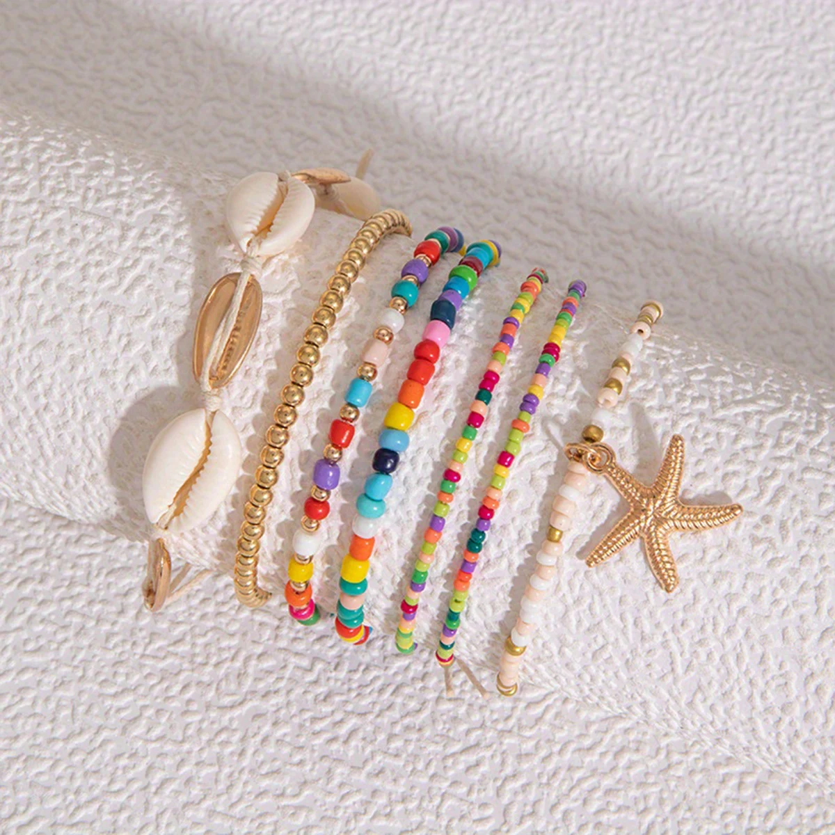 Colorful Shell And Starfish Rice Bead Bracelet, Selected Natural Materials, Hand-Woven Summer Style Jewelry