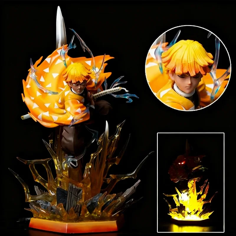 

32 см аниме Demon Slayer Agatsuma Zenitsu с двойной головкой, скульптура, фигурка из ПВХ, подсветка, статуя, Коллекционная модель, игрушка, декор комнаты, подарок