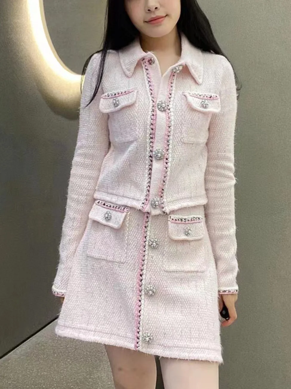 Autumn 2024 Women's Pink Set Embroidery Trim Single Breasted Turn-down Collar Long Sleeve Cardigan or High Waist Mini Skirt