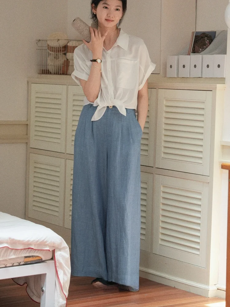 High Waist Straight Leg Casual Pants Women's Cooling Sensation Loose Fit Long Trousers Lenzing Lyocell Linen Wide Leg Pants