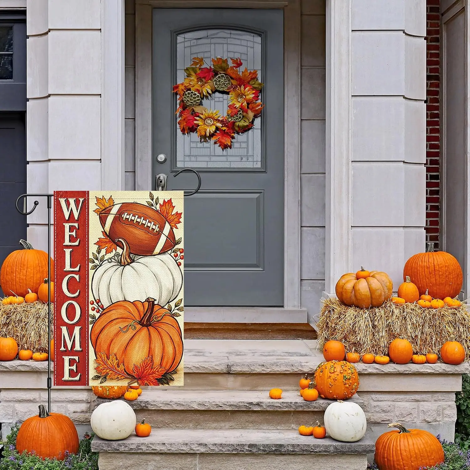 Fall Garden Flag 12x18 Double Sided Burlap, Welcome Autumn Pumpkin Football Yard Flag for Thanksgiving Seasonal Outdoor Deco aaz