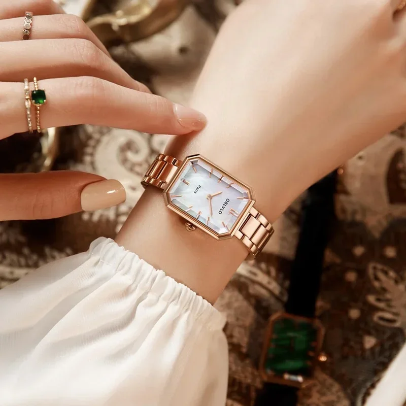 OBLVLO Green Quartz Ladies Watch Stainless Steel Case Sapphire Crystal Genuine Leather Strap 50m Water Resistant Gift for Her