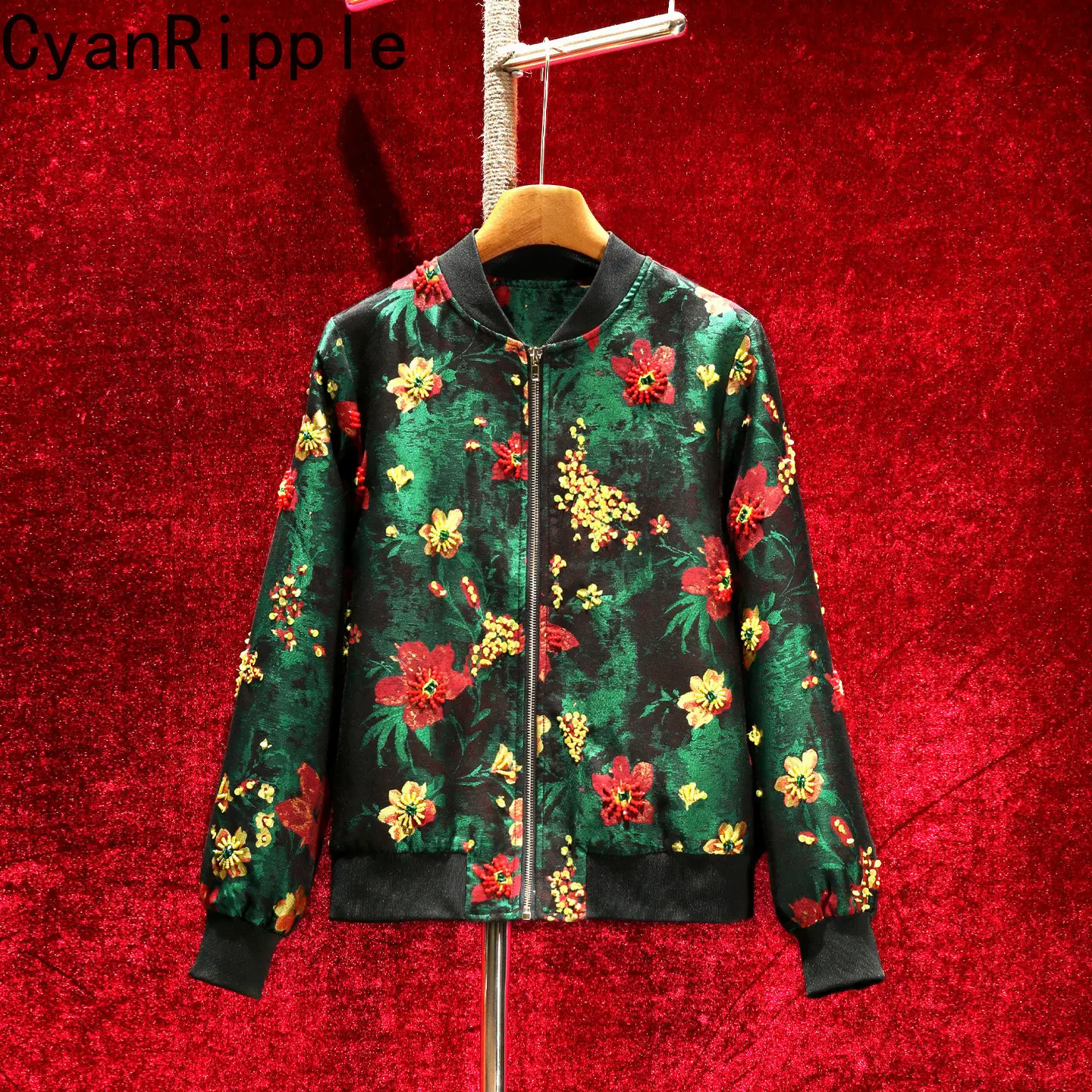 High Quality New Autumn Green Jacquard All-match Zip Cardigans Coat Age Reduction Beads Sequins Stand Collar Baseball Jacket