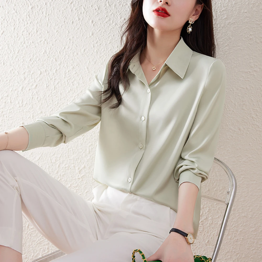 Office Lady Elegant Solid Satin Shirts OL Style Basic Tops Long Sleeve All-Match Women\'s New Fashion Casual Button Shirts Women