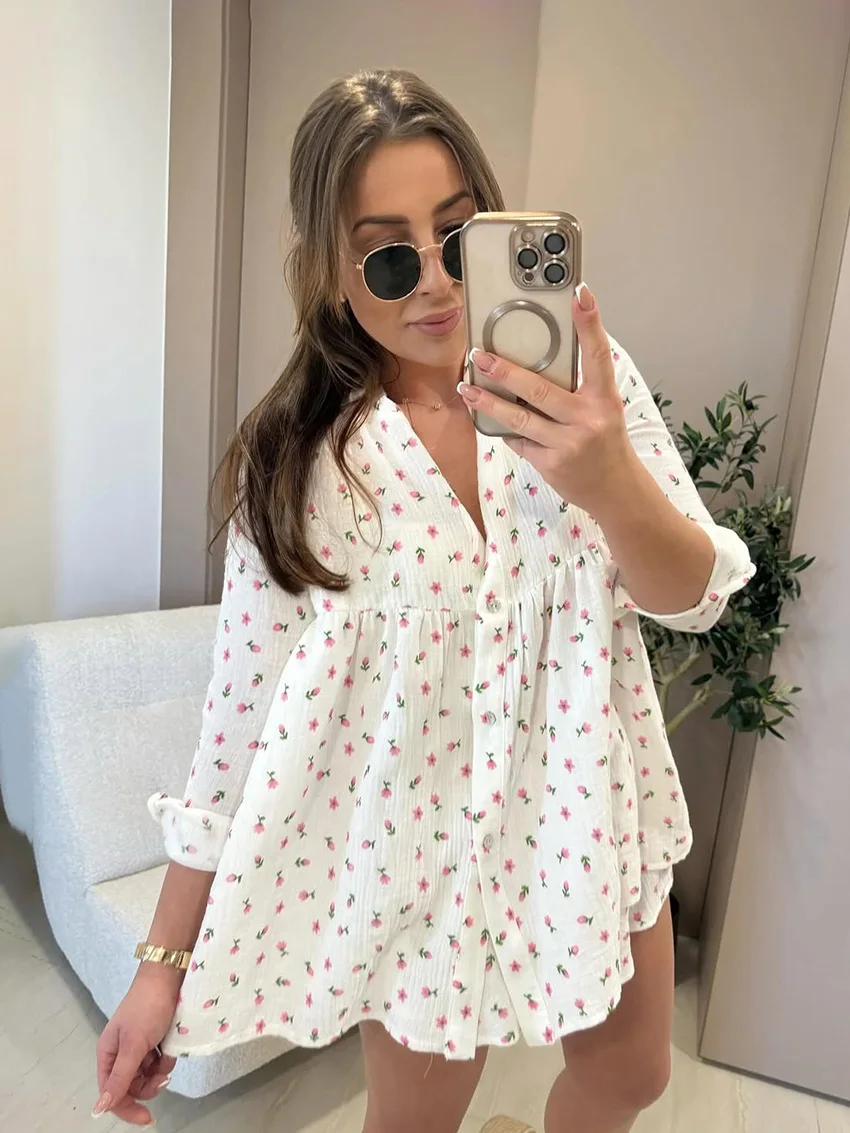 

Marthaqiqi Printing Ladies Nightgowns Set Long Sleeve Nightwear Sexy V-Neck Pajamas Shorts Casual Female Sleepwear 2 Piece Suits