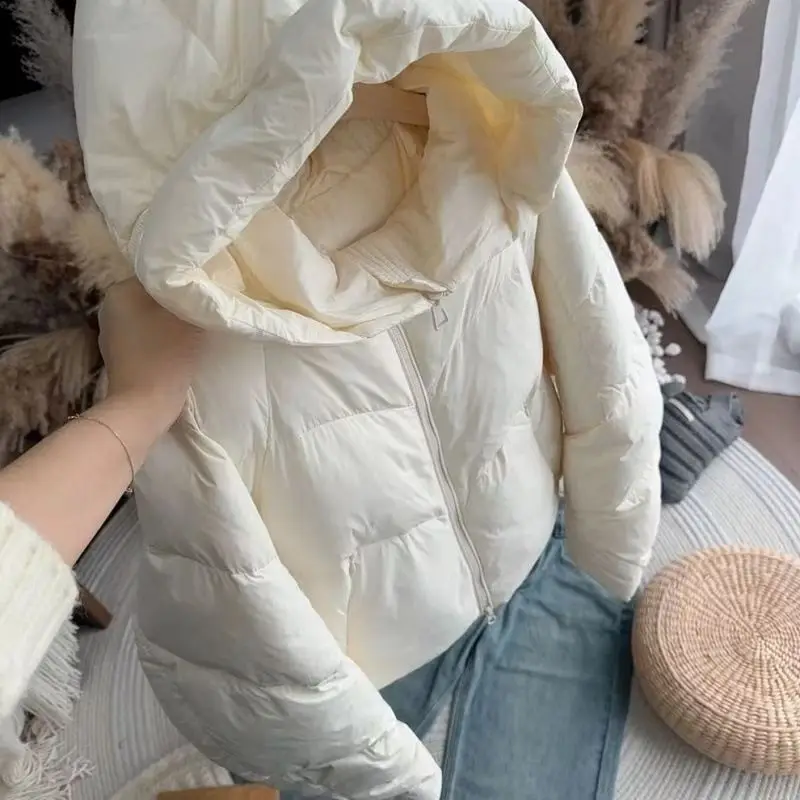 Kawaii Japanese Fashion Women Hooded Cropped Puffer Down Jacket Zip Up Lightweight Warm White Down 2026 Winter Daily Outfit