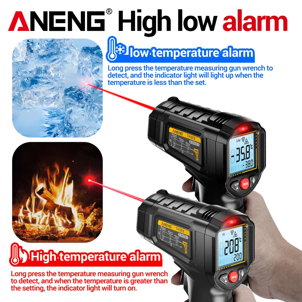 Infrared Thermometer Gun Non-Contact ANENG TH202 Handheld -50~600℃ Temperature Digital Dispaly for Industrial Home Tester Tools
