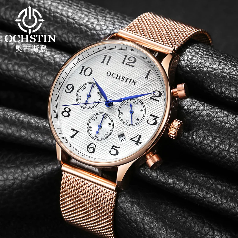 OCHSTIN Men's Elegant Business Watch Built Solid Alloy Frame Anti-rust Ventilated Stainless Steel Mesh Strap Quartz Clock
