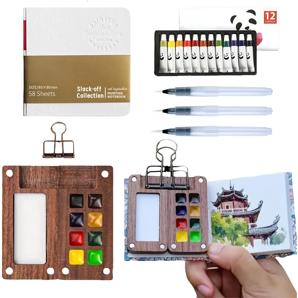 12 Colors Pocket Watercolor Acrylic Paint Set 8-Grid Palette Artist Portable Travel Sketching Kit Brush Pen Drawing Art Painting