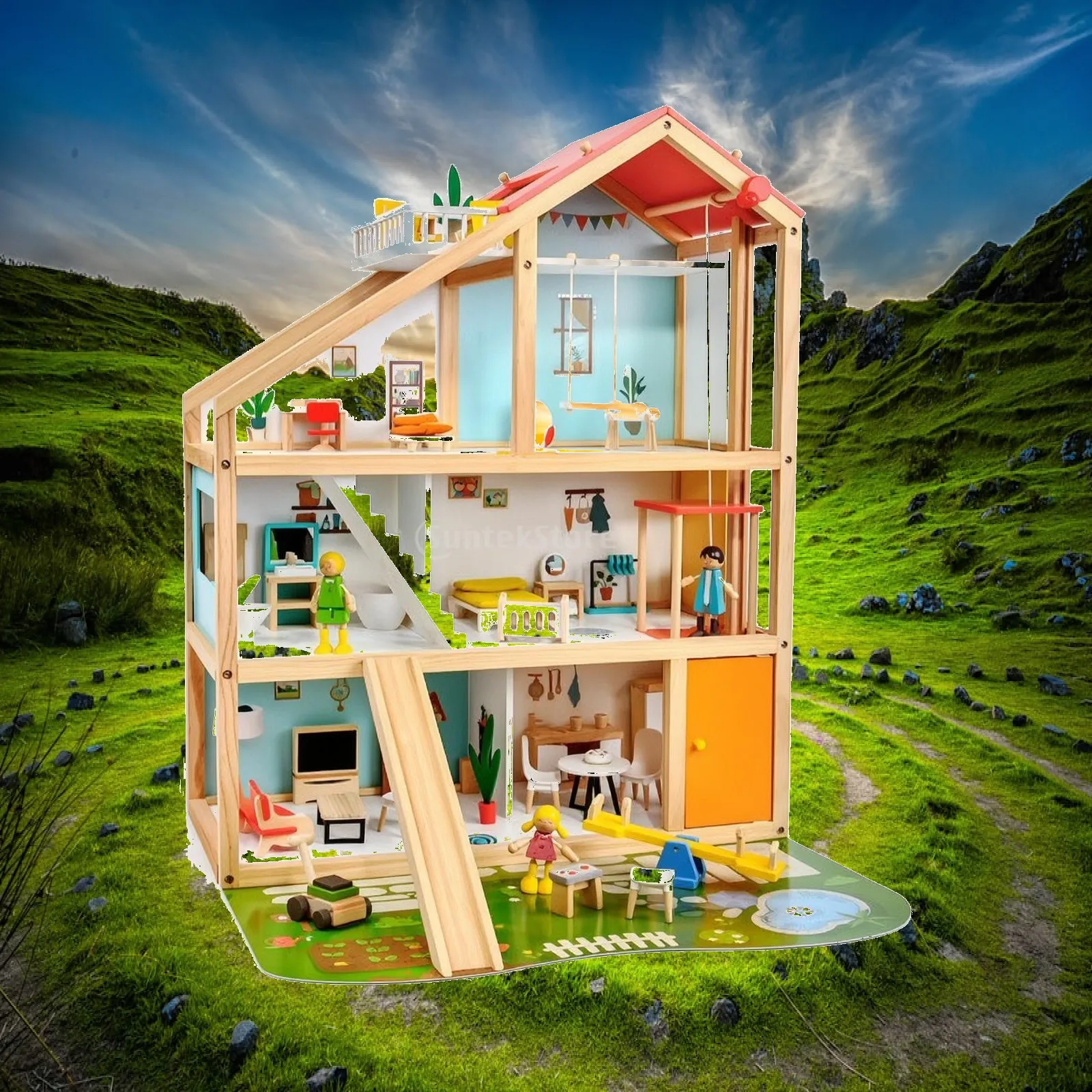 Wooden Dollhouse Three-Story Dollhouse with Furniture Toy Doll House Miniature Toy Villa Long-Lasting for Children, Playroom