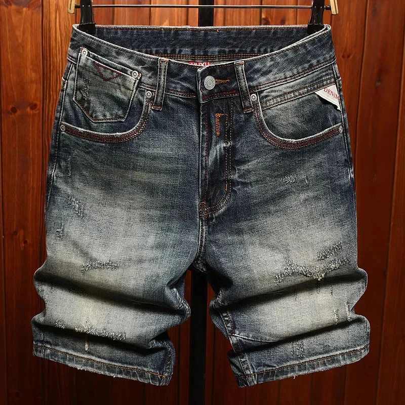 

High end summer denim shorts for men, trendy, fashionable, stretchy, nostalgic, retro men's clothing, five quarter pants
