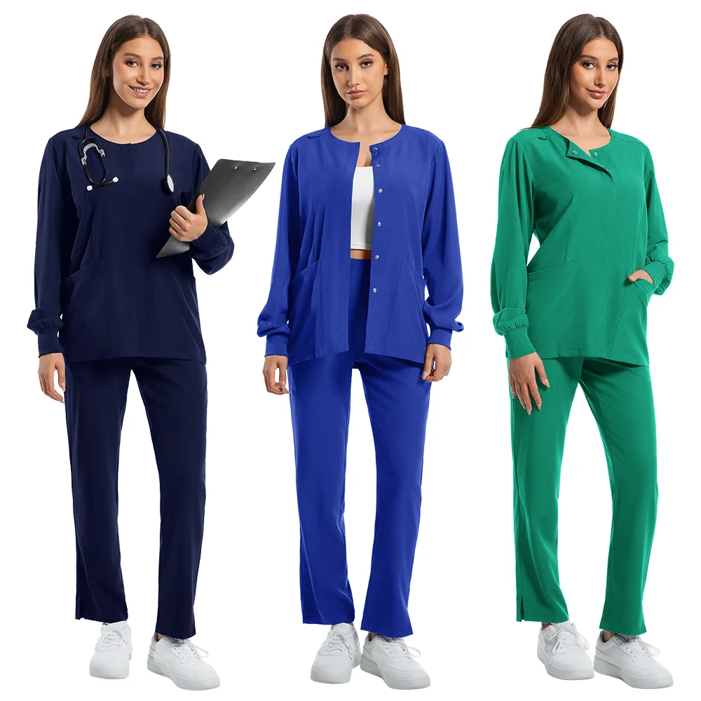 Scrubs Women Set Nursing Uniforms Clinical Set Nurse Doctor Dustproof Workwear Surgical Long Sleeve Medical Jacket + Wide Pants