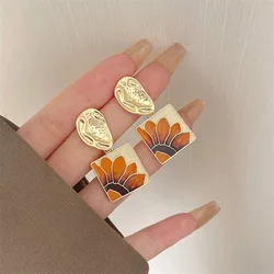 Vintage Oil Painting Artistic Sunflower Earrings Stylish Fashion Geometric Square Statement Flower Clip on Earrings No Piercing