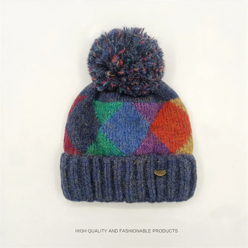Retro Color-blocked Diamond-shaped Woolen Cap for Women Winter Thickened Colorful Pom-ball Ear-protecting Knitted Hats