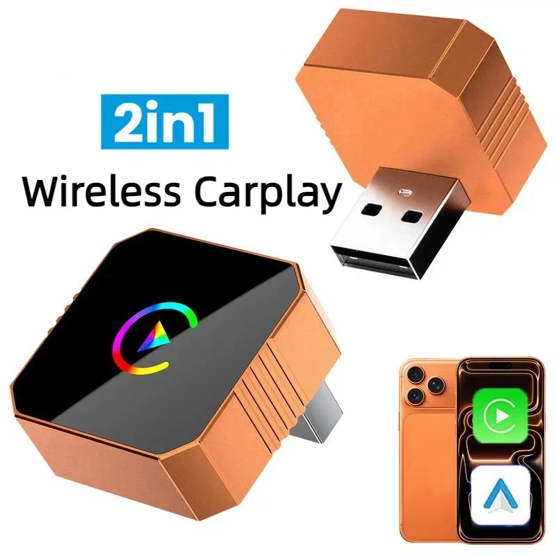 New 2IN1 Orange CarPlay Wireless Adapter Fast Connection High-quality Acrylic Construction For iPhone/Android Fit 99% Vehicle