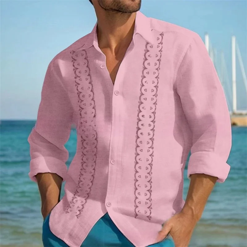 Camisa de moda para hombre con rayas dobles y estampado geométrico, camisa informal de manga larga de lino con botones para hombre, primavera para