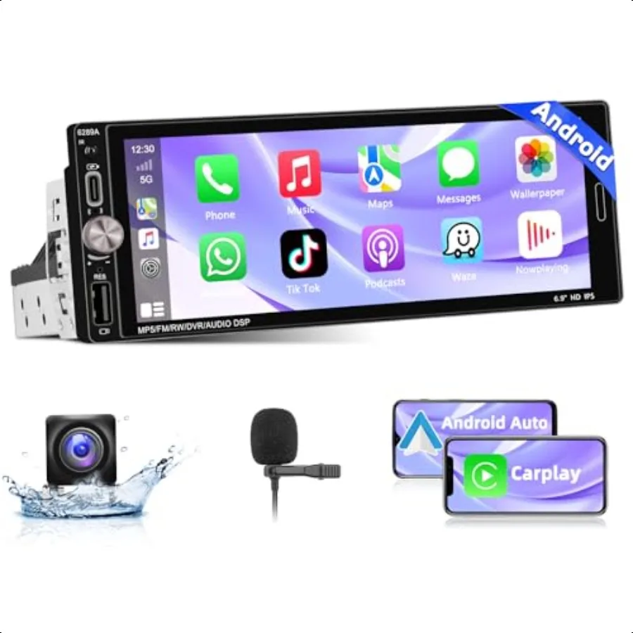 

6.9 Inch Single Din Car Stereo Radio with Wirel CarPlay Android Auto Touch Screen Bluetooth o with GPS Navigation Mirror Link W