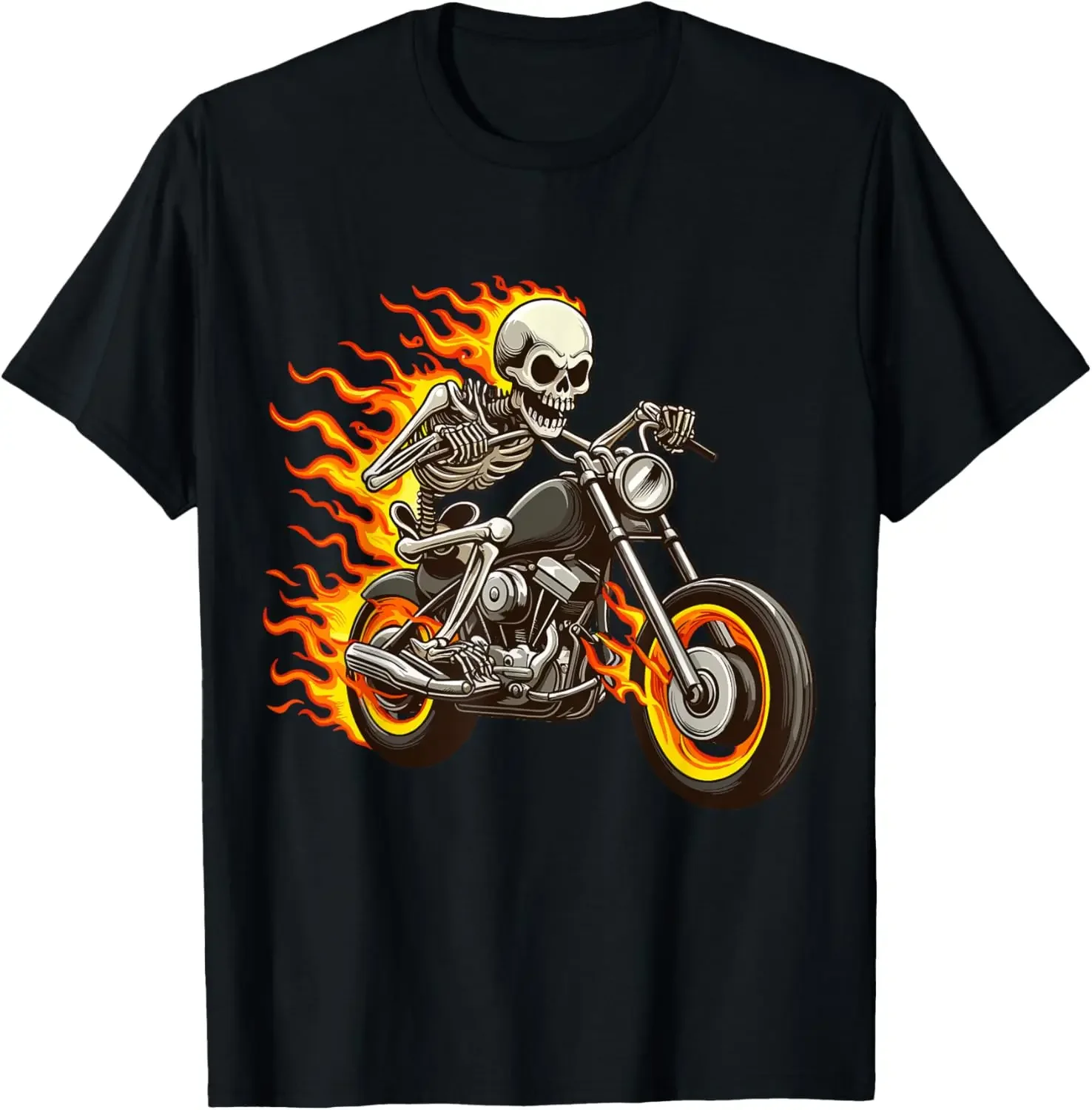

Skeleton Biker Motorcycle Fire Flames Graphic T-Shirt Men's Breathable Cotton Crew Neck Tee