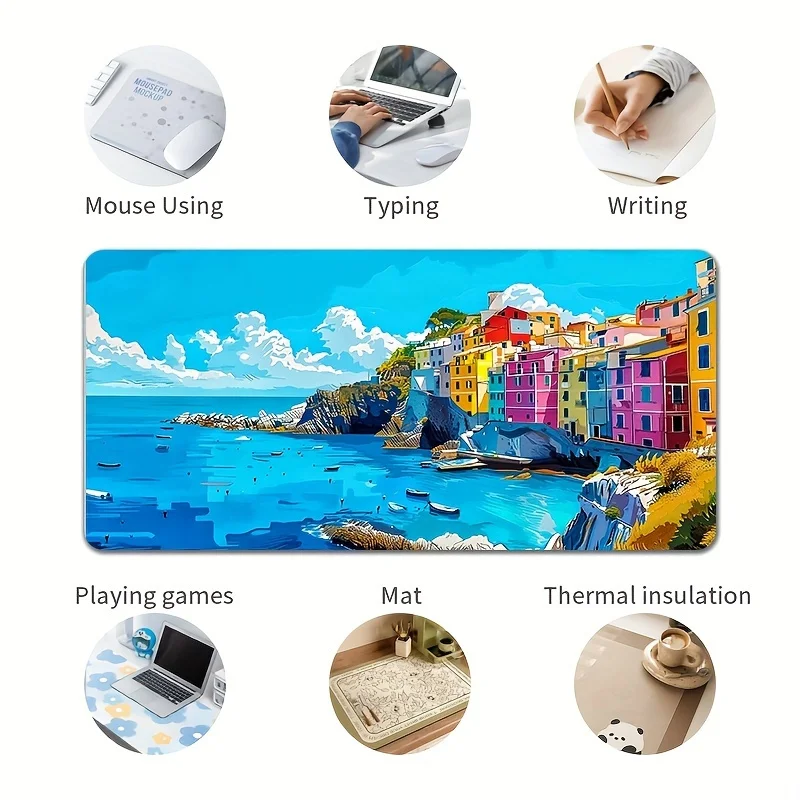 Colorful Seaside Village Desk Mat Extra Large Non-Slip Rubber Mouse Pad for Office Gaming Decor