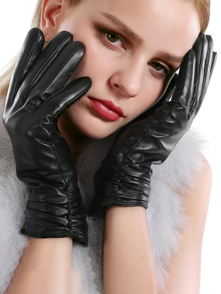 

Simple Women's gloves winter warm plus velvet short thin touch screen gloves driving color Women's leather gloves high Quality