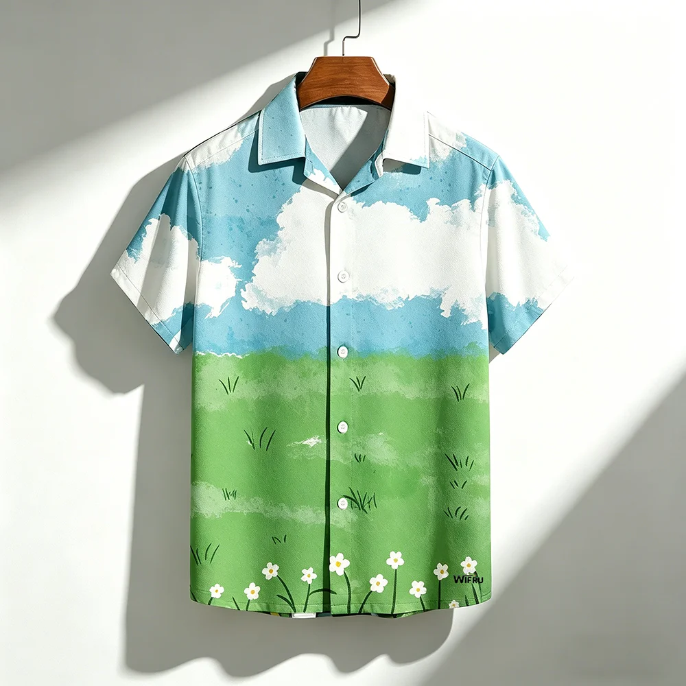 Summer Fashion Vintage Floral Shirt Nature Landscape Print Hawaiian Shirt Men Women Beach Vacation Casual Short Sleeve Blouse