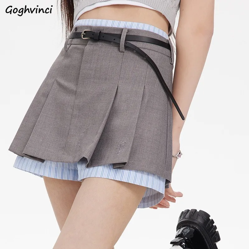 

Mini Pantskirts Women Spring Summer A-line Fake 2pecs Spliced Chic Pleated All-match Empire Design Preppy Students Female Street