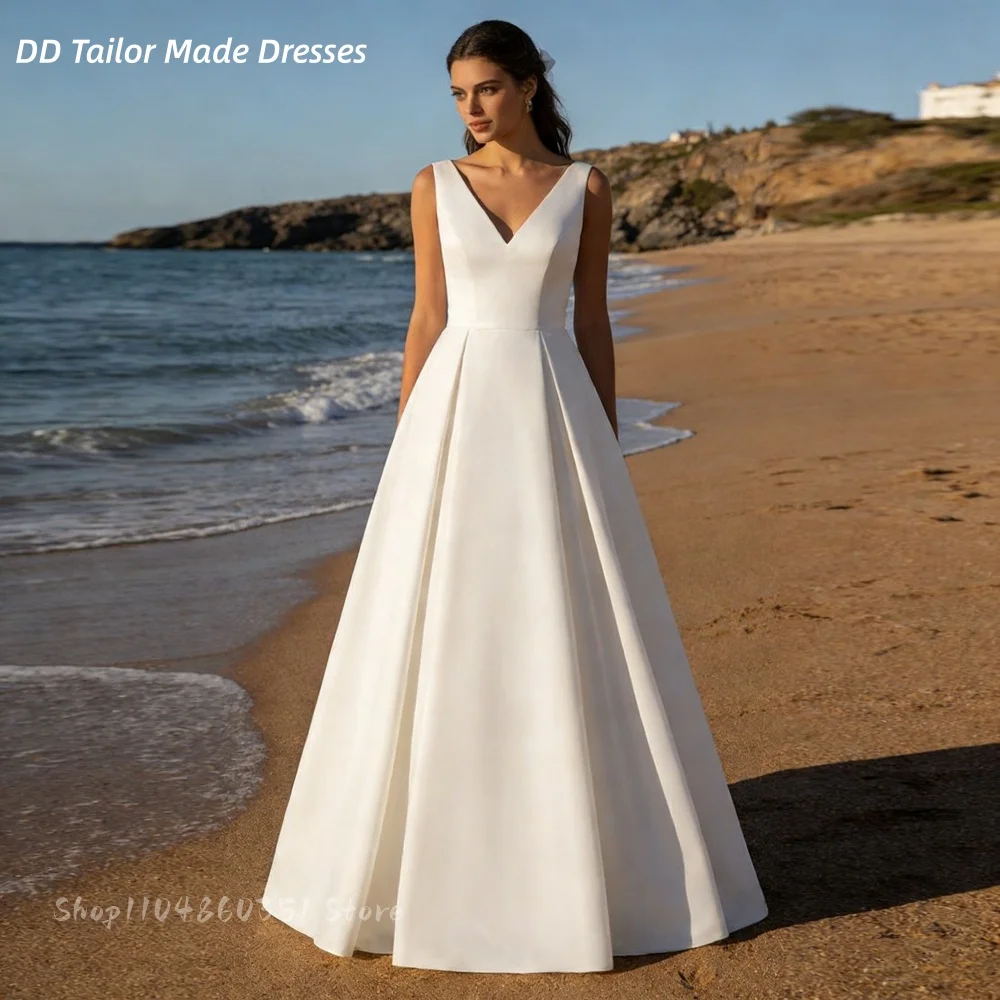 

Простые атласные свадебные платья с v-образным вырезом на бретелях и открытой спиной, пляжное платье невесты без рукавов, длинное элегантное платье трапециевидной формы, Vestidos De Novia по индивидуальному заказу