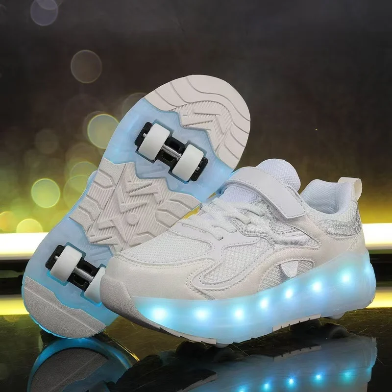 Children's Flash Shoes Girl Four-wheeled Skating With Lights Boy Usb Charging Roller Skates Student Sneakers