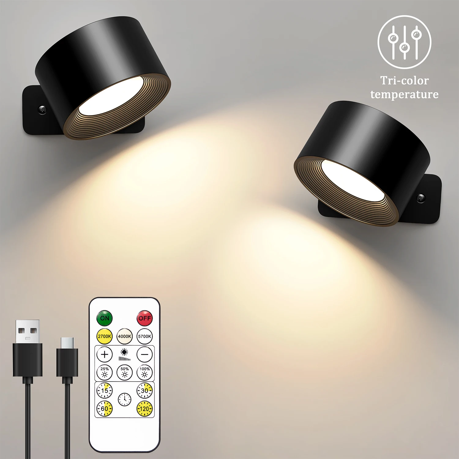 LED Wall Sconces light, 3 Brightness Levels 3 Color Modes Wall Lights, 2000mAh Battery Operated 360° Rotatable Touch Control