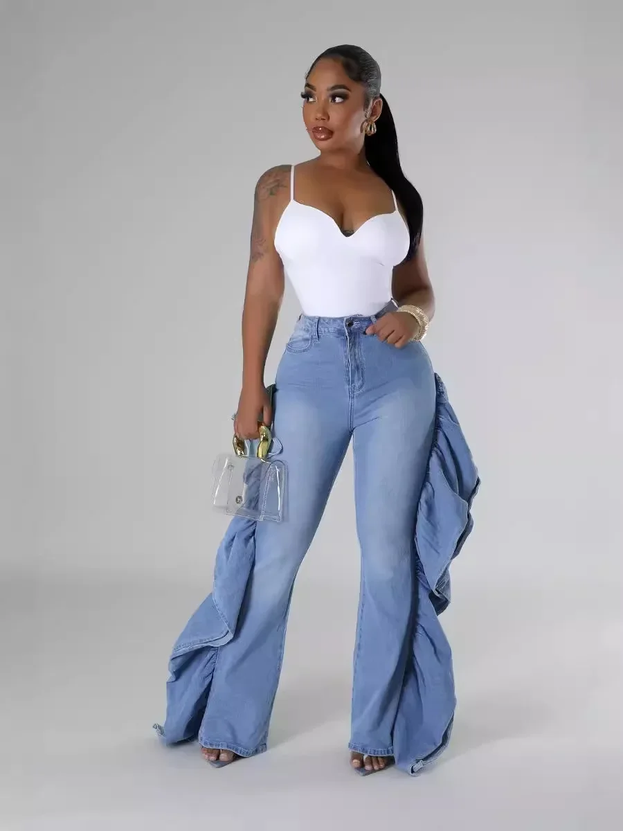 Fashion Ruffle Denim Pants for Women Blue Casual High Waist Vintage Streetwear Ruffle Side Skinny Jeans Autumn Trousers 2024