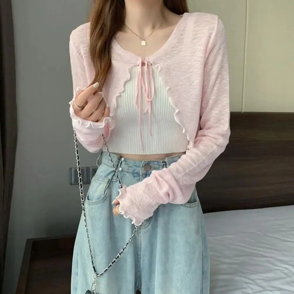 New Thin Sunscreen Cardigan Ruffle Design Long Sleeve Sun Protected Polyester Sunscreen Clothing Short Coat Casual Women