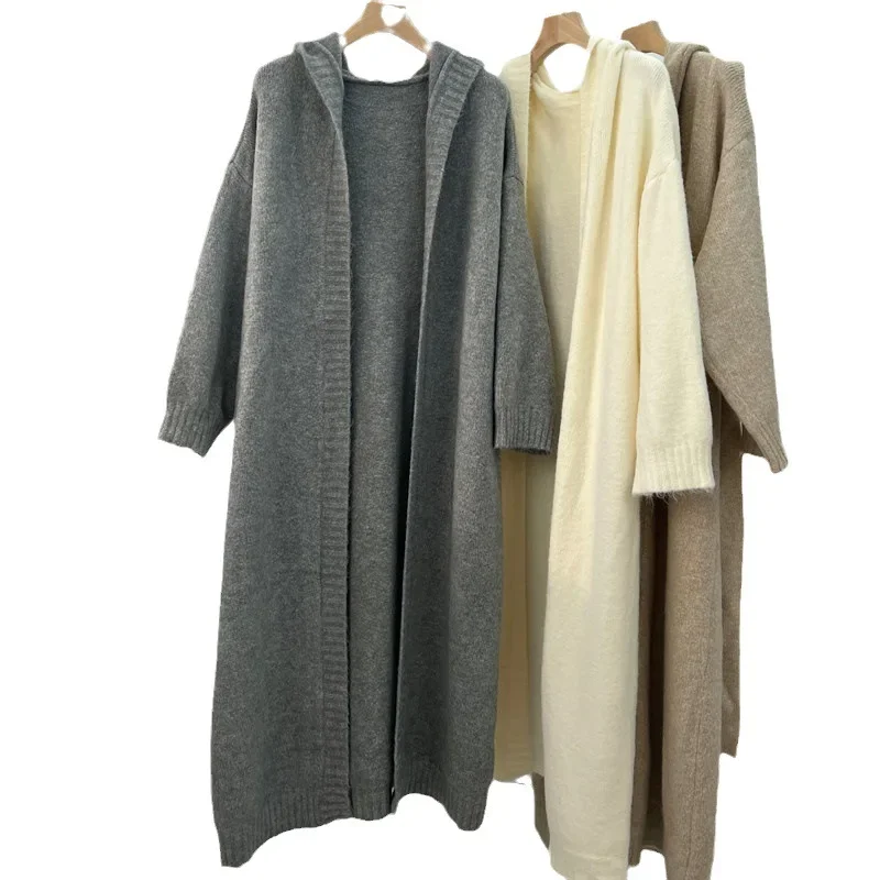 Cappotto lungo da donna Cardigan cappotti spessi maglioni tasche con cappuccio Maxi Y2k grigio giuntura Casual caldo punto aperto autunno inverno