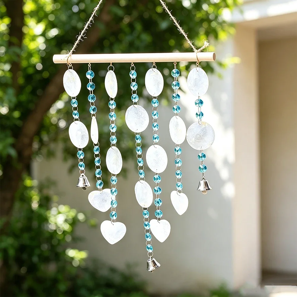 Round Heart Capiz Shell Wind Chimes Bell Waterfall Suncatcher Crystal Bead Chain Hanging Wooden Rail Boho Decor Ocean Lover Gift