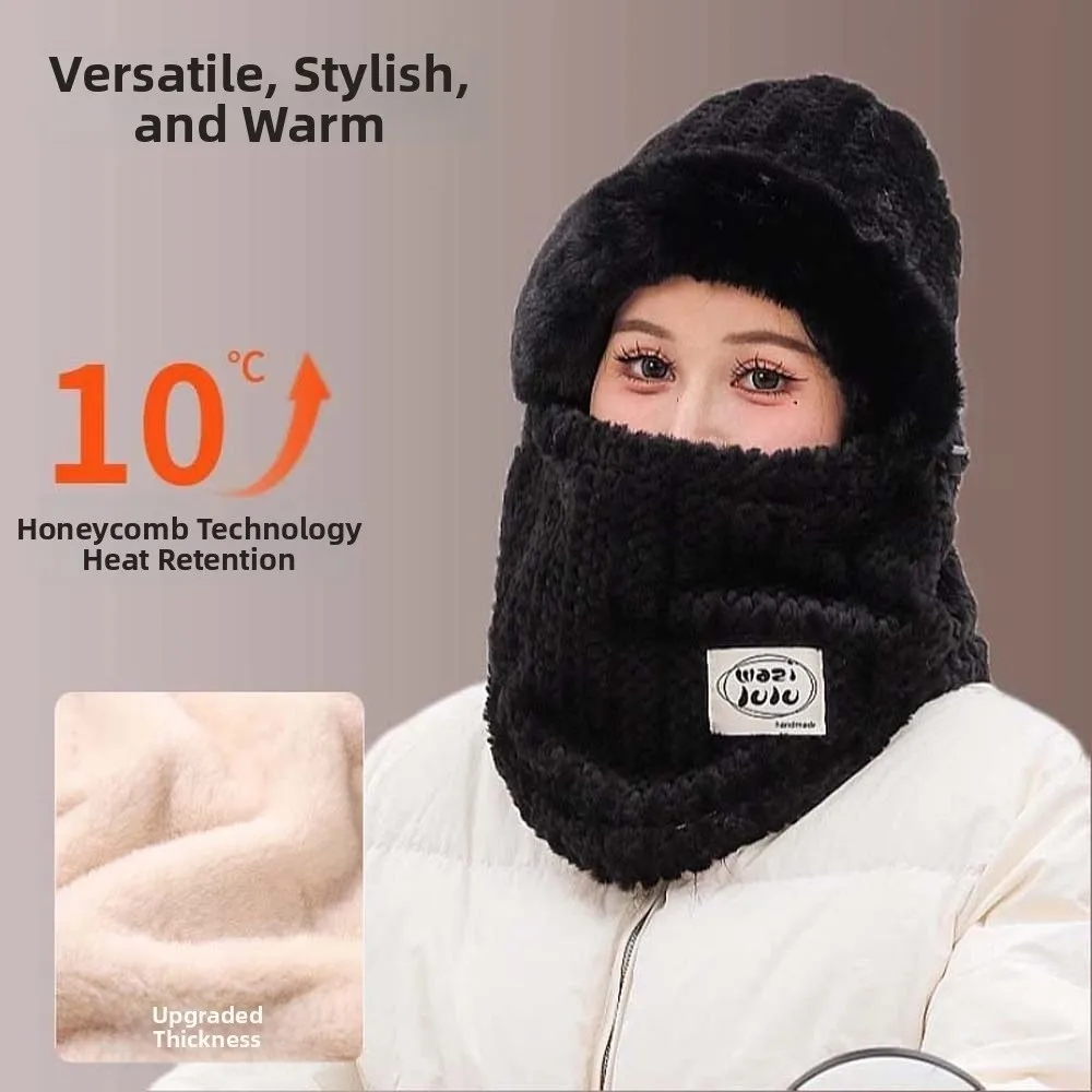 

Plush Winter Integrated Scarf Cap Soft Thickened Mask Woolen Hat Big Head Circumference Adjustable Pullover Mask Cap Men