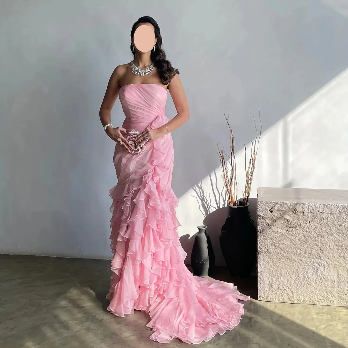 

Charming Pink Women Evening Dresses Tiered Ruffles Chiffon Mermaid Prom Gowns Sexy Floor Length Customized Wedding Guest Gowns