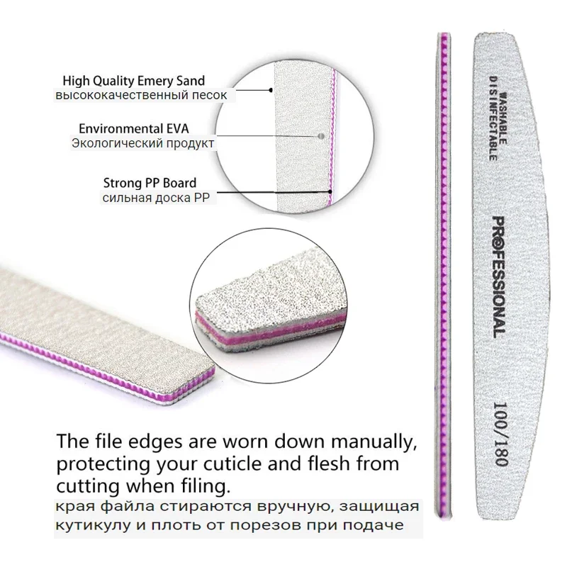 50/25 unids/pack limas de uñas lavables profesionales 100 a 180 media luna papel de lija fuerte lima duradera herramientas para uñas suministros de manicura